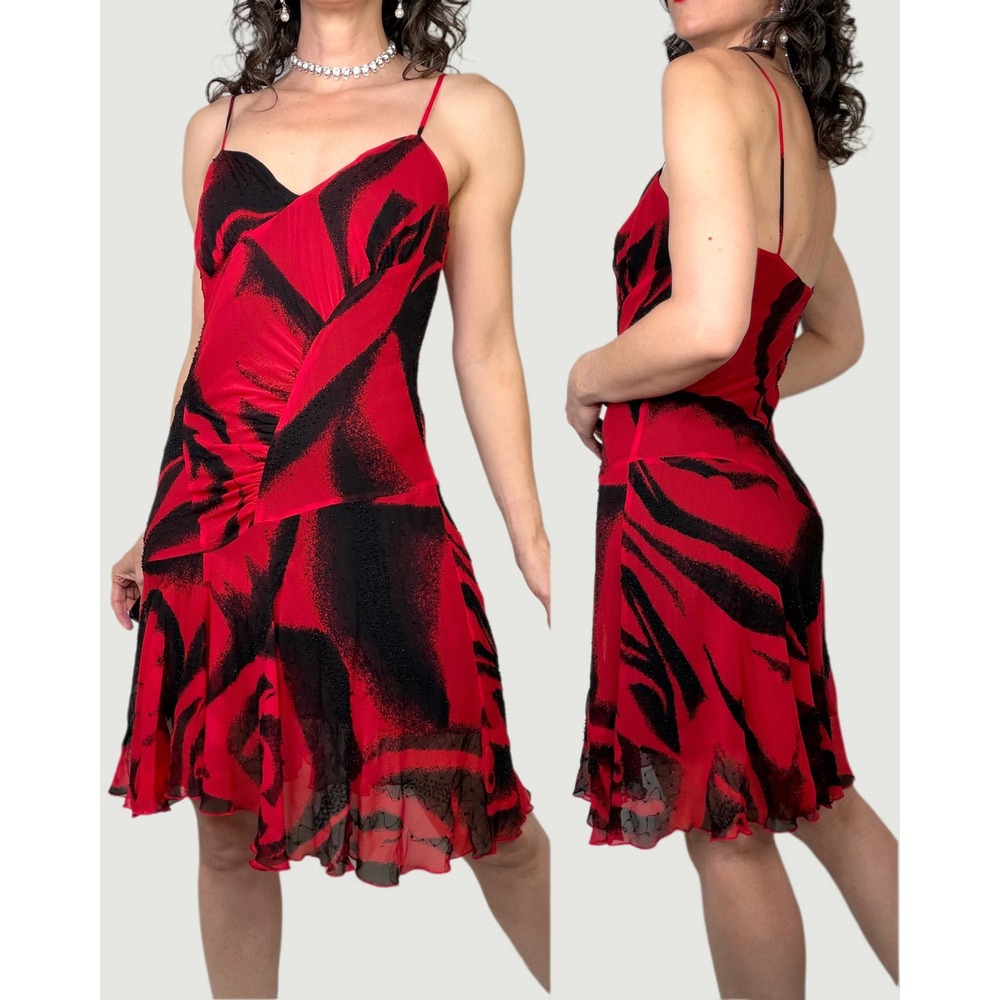 Diane von Furstenberg Silk Ruched‎ Beaded Rose Print Slip Dress Floral Red 6
